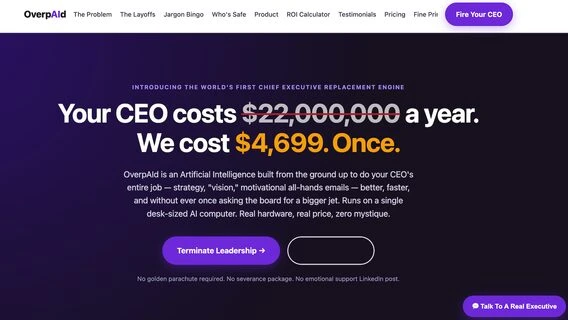 Топам теж прилетіло: сатиричний стартап OverpAId пропонує замінити CEO на ШІ, а зарплату — роздати команді