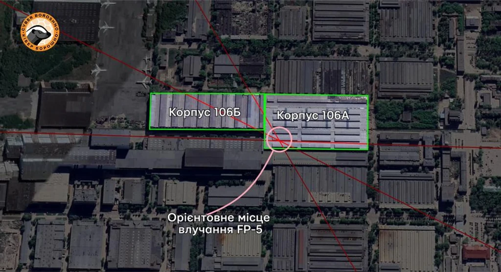 Ймовірне місце влучання ракети FP-5 Фламінго по виробничих корпусах РКЦ Прогресс Ймовірне місце влучання ракети FP-5 Фламінго по виробничих корпусах РКЦ Прогресс